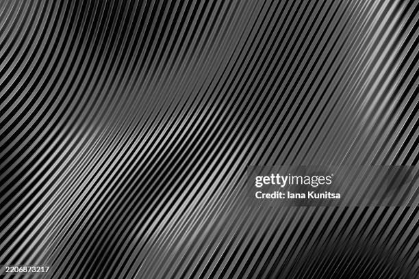 glossy metallic striped dark gray, black and white lines, waves background. abstract futuristic 3d technology pattern, geometric composition. design element. - metallic pattern stock pictures, royalty-free photos & images