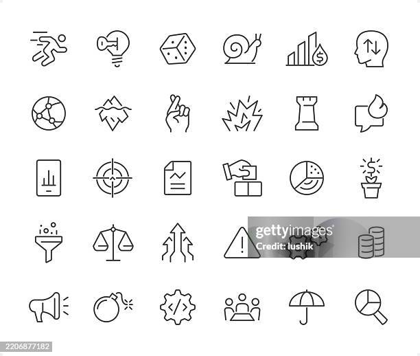 risk management icon set. editable stroke weight. pixel perfect icons. - ice block stock illustrations
