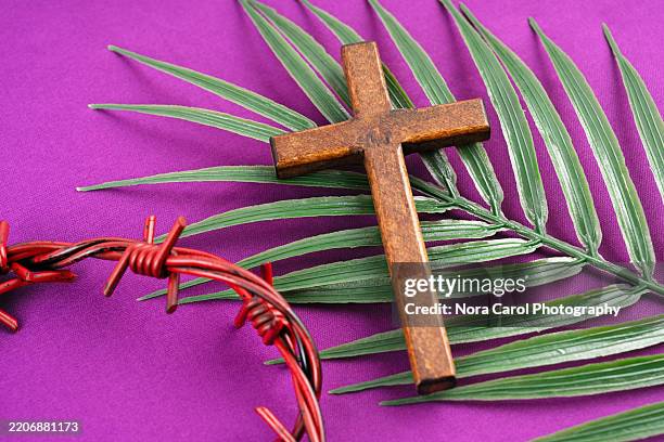 catholic cross on top of palm leaf and crown of thorn on purple background - maundy thursday stock pictures, royalty-free photos & images