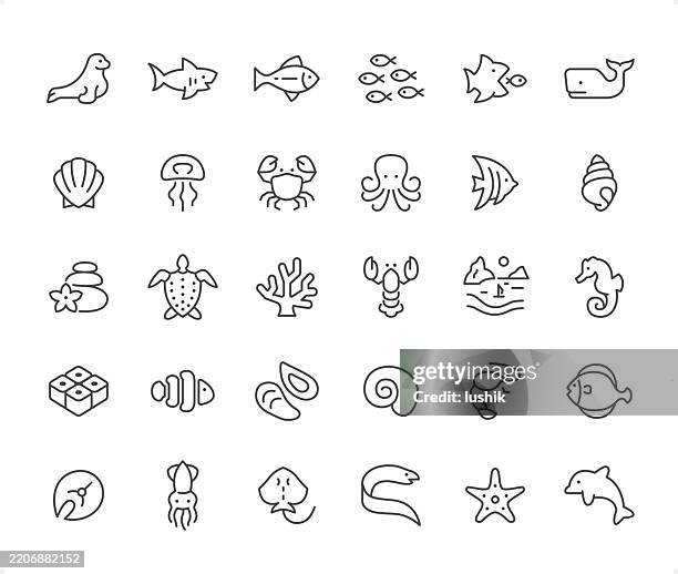 sea life icon set. editable stroke weight. pixel perfect icons. - sea horse icon stock illustrations