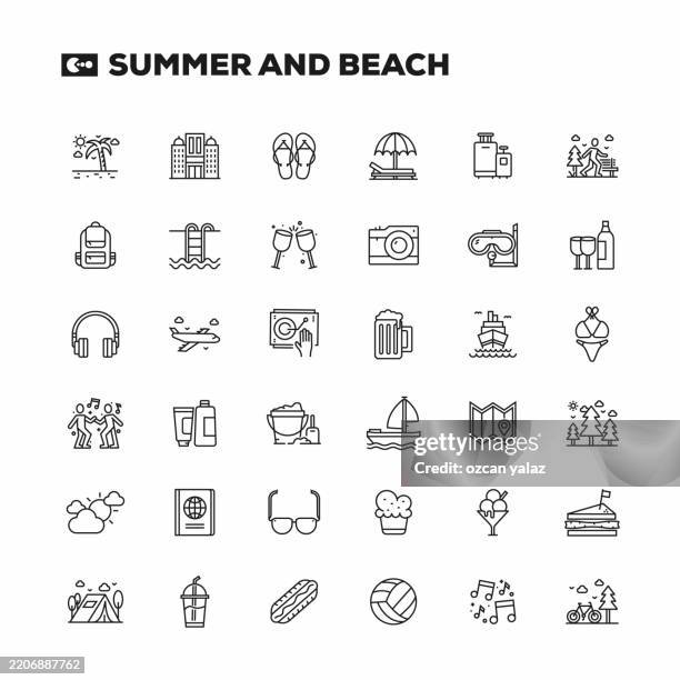 summer and beach wealth related line icons set. editable stroke. - sunblock icon stock illustrations