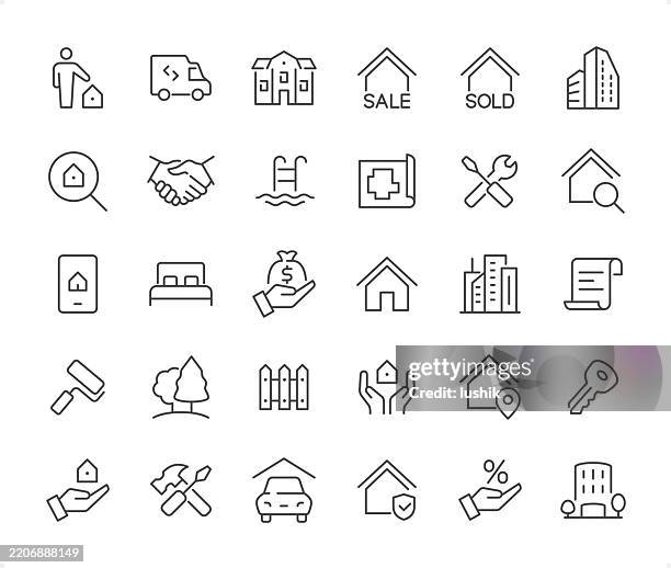 real estate icon set. editable stroke weight. pixel perfect icons. - mansion pool stock illustrations