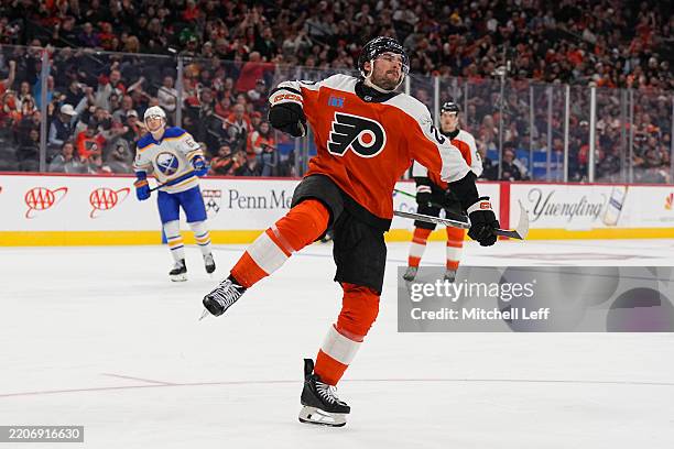 Noah Cates of the Philadelphia Flyers reacts after scoring a goal against the Buffalo Sabres in the second period at the Wells Fargo Center on March...