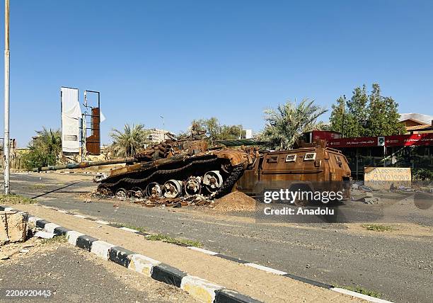 View of the damage surrounding Al-Shaab Teaching Hospital following intense clashes between the Sudanese army and the Rapid Support Forces in...