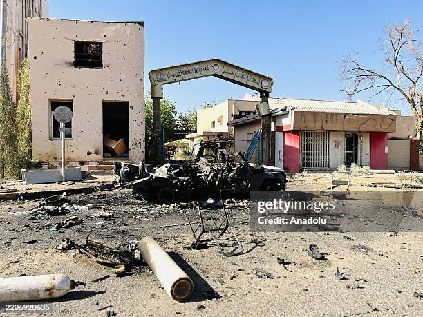 View of the damage surrounding Al-Shaab Teaching Hospital following intense clashes between the Sudanese army and the Rapid Support Forces in...
