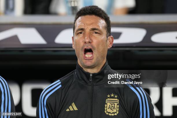 Lionel Scaloni, Head Coach of Argentina sings the national anthem prior to the South of American FIFA World Cup 2026 Qualifier between Argentina and...