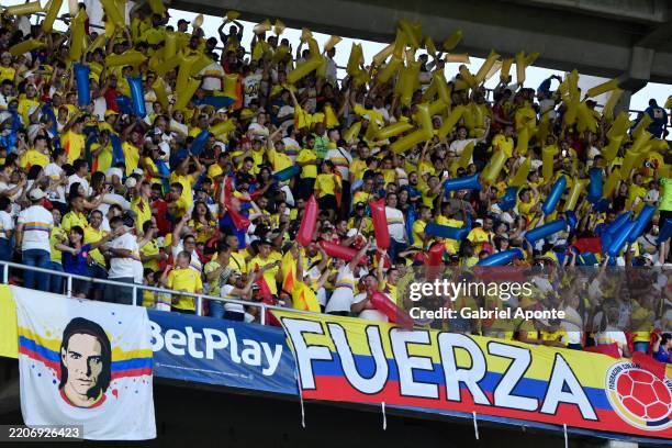 Fans of Colombia cheer during the South of American FIFA World Cup 2026 Qualifier between Colombia and Paraguay at Roberto Melendez Metropolitan...