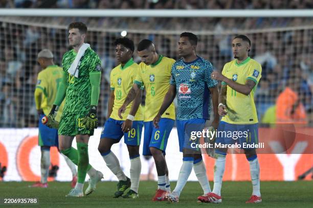 Bento, Endrick, Guilherme Aranam Guilherme Arana, Alex Sandro and Raphinha of Brazil react after the team's defeat in the South of American FIFA...
