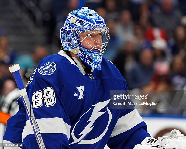 Goalie Andrei Vasilevskiy of the Tampa Bay Lightning skates against the Pittsburgh Penguins at Amalie Arena on March 25, 2025 in Tampa, Florida.