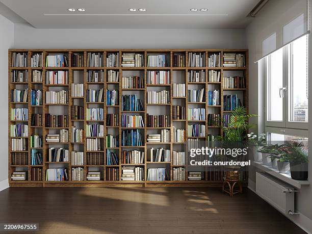 leerer raum mit bücherregal, topfpflanzen und parkettboden - bücherregal stock-fotos und bilder