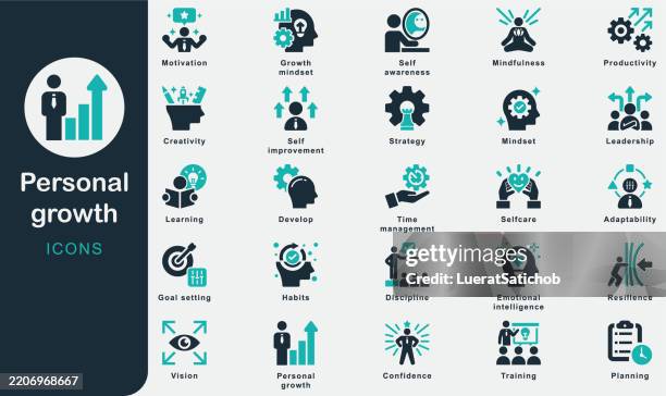 stockillustraties, clipart, cartoons en iconen met personal growth solid icons collection.containing motivation, vision, planning, learning, training, creativity, develop, goal setting, strategy, self improvement, mindset, resilience, discipline - een nieuw perspectief