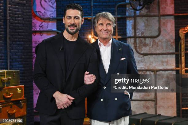 Italian surgeon and television personality Giovanni Angiolini and Italian designer Brunello Cucinelli during the broadcast Ciao Maschio at Rai...