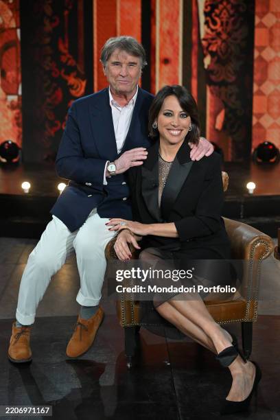 Italian designer Brunello Cucinelli and italian host Nunzia De Girolamo during the broadcast Ciao Maschio at Rai nomentano studios. Rome March 25th,...