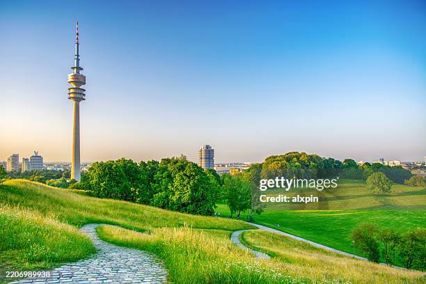 panorama of olympic park in munich - olympiapark stock pictures, royalty-free photos & images