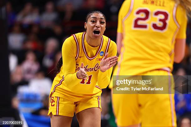 Kennedy Smith of the USC Trojans reacts to a play in the game against the Kansas State Wildcats during the Sweet Sixteen round of the 2025 NCAA...