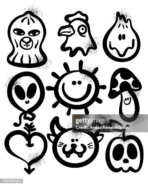 graffiti black spraypaint doodle icon set with masked robber head, rooster head, onion, alien balloon, sun, mushroom, heart and arrow, devil cat and apple ghost - alien head vector stock illustrations