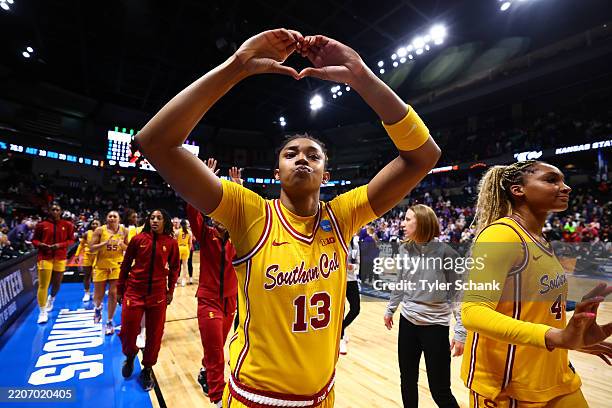 Rayah Marshall of the USC Trojans celebrates the win against the Kansas State Wildcats during the Sweet Sixteen round of the 2025 NCAA Women's...