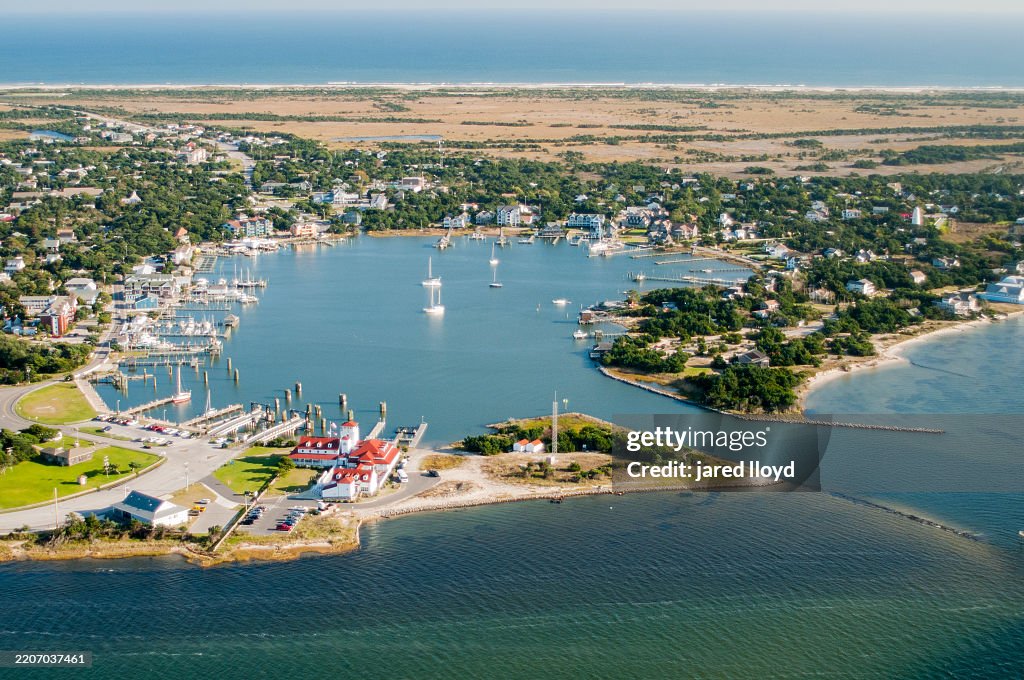 Aerial View of Silver Lake Harbor and Ocracoke Village Between Ocean and Sound