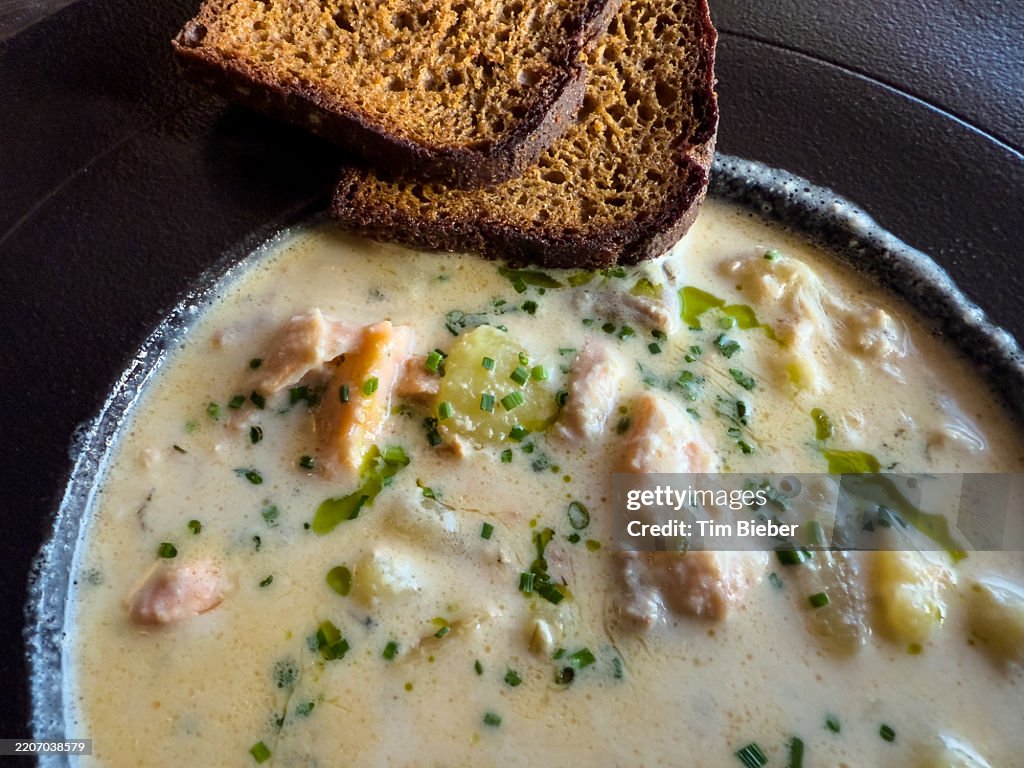 Hearty seafood chowder soup / vichyssoise with crusty brown bread.