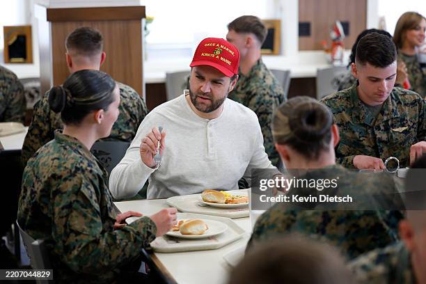 Vice President JD Vance eats with U.S. Marines in the chow hall at Marine Corps Base Quantico on March 26, 2025 in Quantico, Virginia. Vance, a U.S....