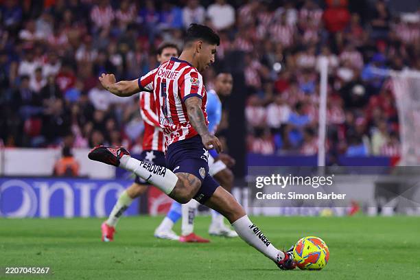 Victor Guzman of Chivas kicks the ball during the 13th round match between Chivas and Cruz Azul as part of the Torneo Clausura 2025 Liga MX at...