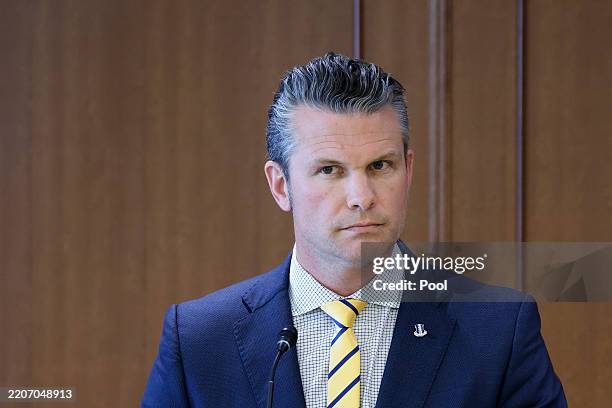 Defense Secretary Pete Hegseth speaks during a joint news conference with the Minister of Defense of Japan Gen Nakatani at the Ministry of Defense on...