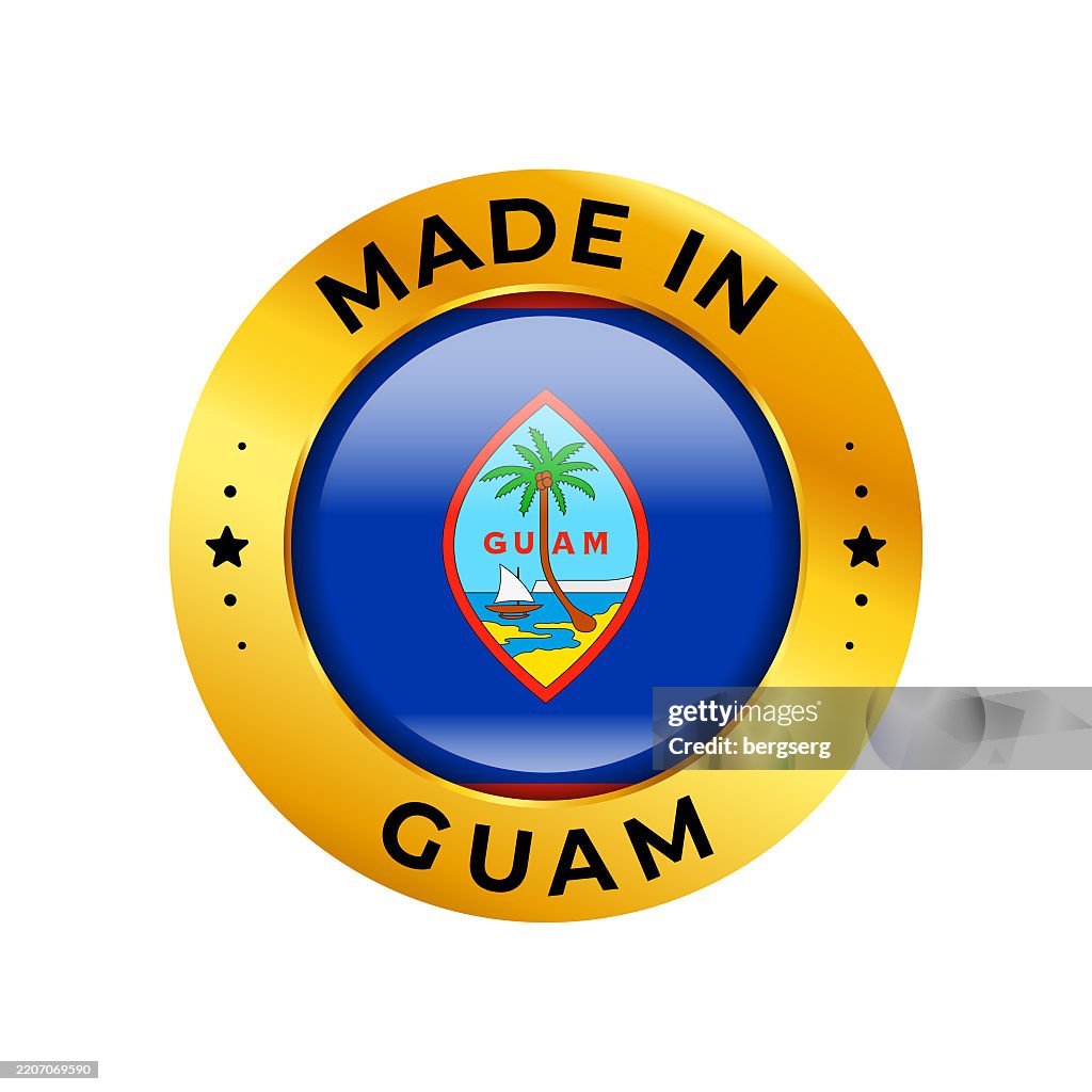 Made in Guam Label. Gold Round Vector Badge, Stamp, Icon with National Flag of Guam and Text. Isolated on White Background