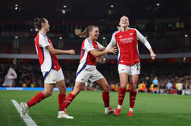 Alessia Russo of Arsenal celebrates after scoring a goal to make it 4-0 but it is disallowed for offside during the UEFA Women's Champions League...