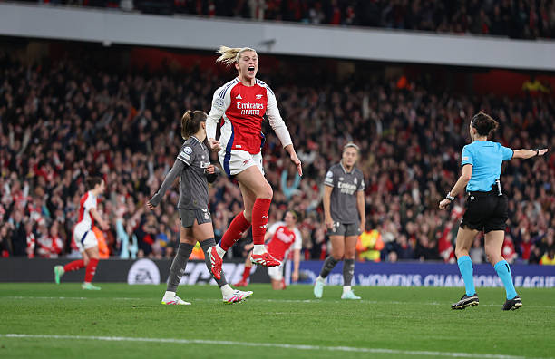 Alessia Russo of Arsenal celebrates after scoring a goal to make it 4-0 but it is disallowed for offside during the UEFA Women's Champions League...