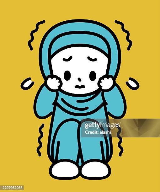 a cute girl wearing a hijab, looking scared or nervous, pressing her hands against her cheeks, her body curls up, with her knees and legs bent. front view, black outline with flat colors, minimalist style - shivering knees stock illustrations