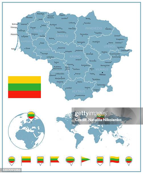 Lithuania Detailed Map With Regions And Cities Set Of Flags Globe Lithuania Detailed Map With Regions And Cities Set Of Flags Globe Country Outline Country 