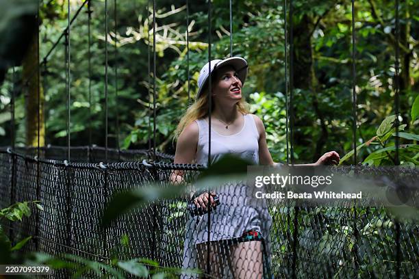 woman birdwatching from rainforest canopy bridge, costa rica - monteverde cloud forest reserve stock pictures, royalty-free photos & images