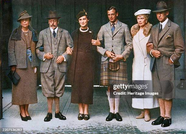 'King George V, Queen Mary, Prince George, Princess Marina and her parents at Balmoral in 1934', . Group portrait at the royal residence of Balmoral...