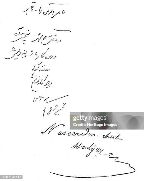 The Shah's signature in the Visitors' Book at Haworth's Mills, Manchester, 1873. The Shah of Persia visits Salford to see the cotton-mills of Messrs....