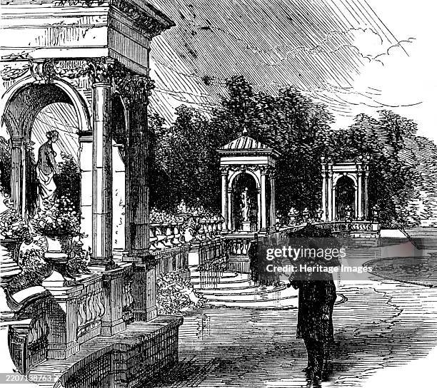 On the terrace at Trentham, 1873. The Shah of Persia visits England. 'Trentham Hall, which is situated near Barlaston, on the road from Stone to...