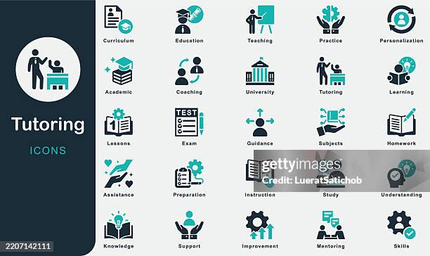 ilustrações de stock, clip art, desenhos animados e ícones de tutoring solid icons collection.containing education, learning, teaching, guidance, coaching, mentoring, instruction, support, lessons, homework, skills, subjects, study, exam, university, preparation - professor particular