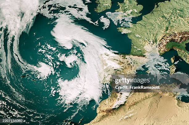 storm martinho 2025 mapa de nubes europa occidental render 3d color - meteorología fotografías e imágenes de stock