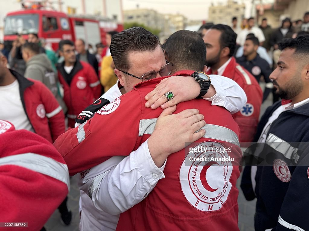 Bodies of civil defense members killed by Israel in Gaza brought to Nasser Hospital