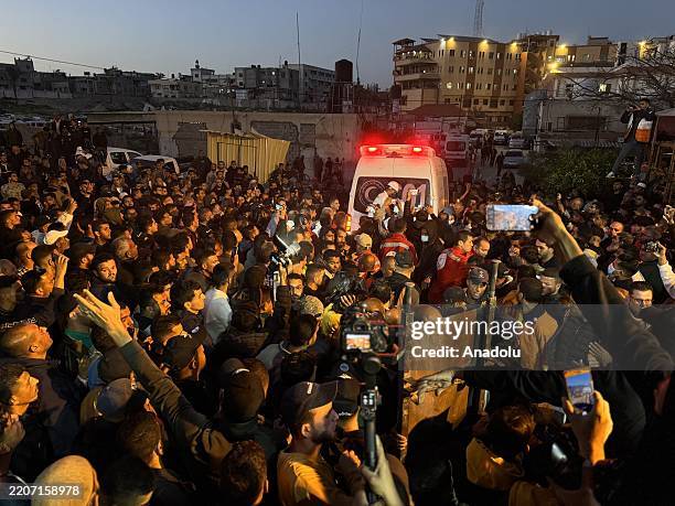 Civil defense and Palestinian Red Crescent members who were killed in the attack by the Israeli army on the ambulance and fire truck that came to...