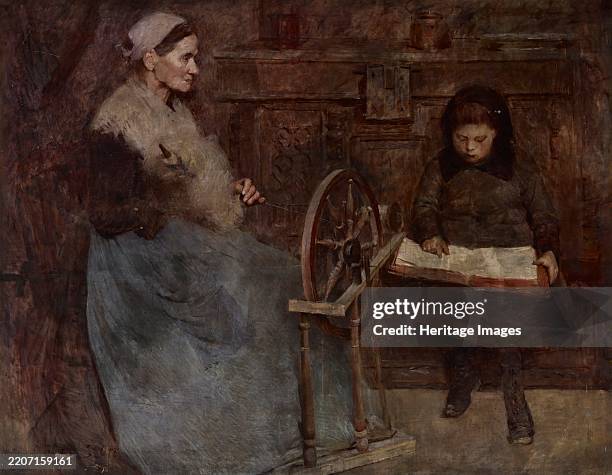 La lecture , about 1892. Woman spinning yarn and child learning to read. Creator: Frank Edwin Scott.