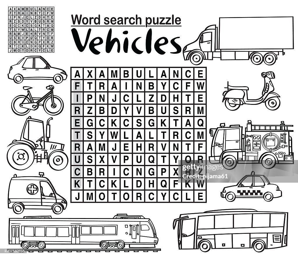 Word search puzzle vector. Vehicles