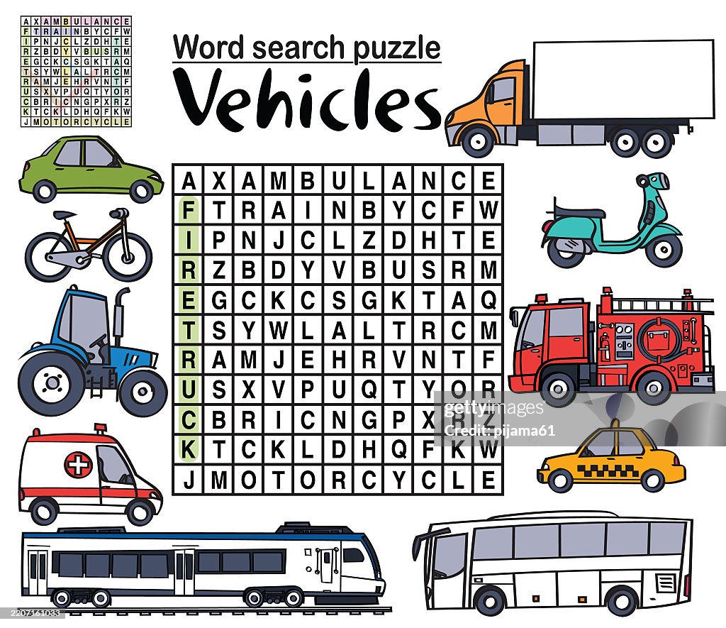 Word search puzzle vector illustration. Vehicles