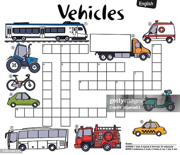 crossword puzzle game for kids about vehicles. - worksheet stock illustrations