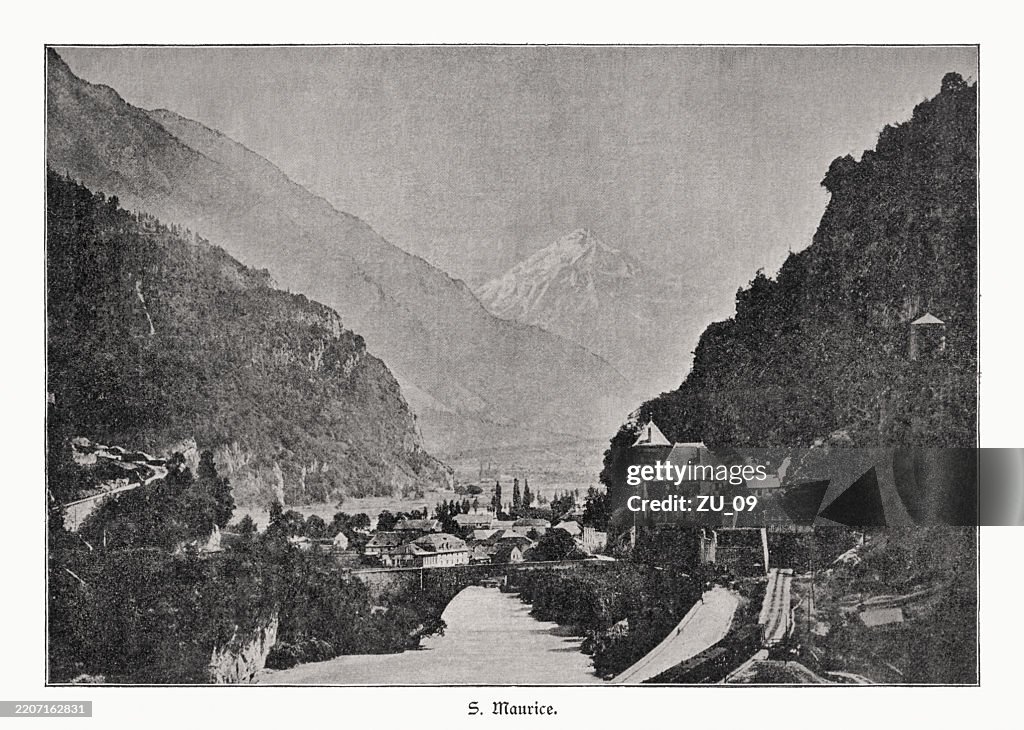 Historical view of Saint-Maurice, Valais, Switzerland, halftone print, published 1895