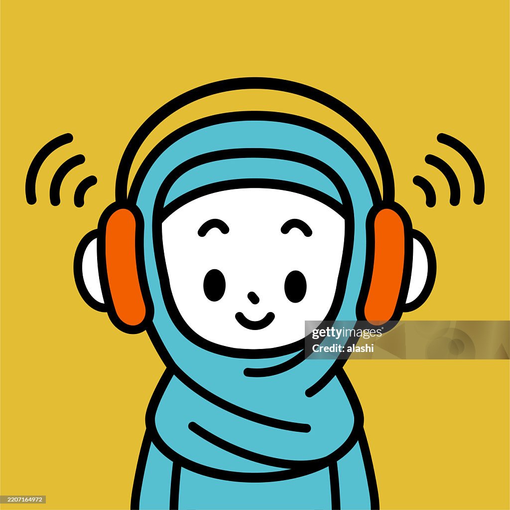 A cute girl wearing a hijab and headphones. Front view, black outline with flat colors, minimalist style