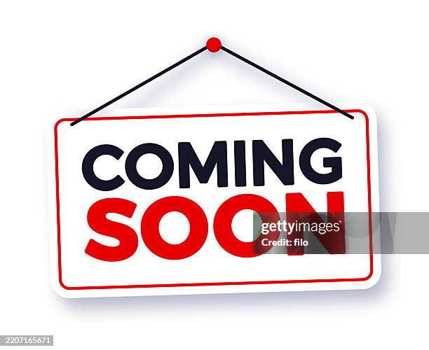 stockillustraties, clipart, cartoons en iconen met coming soon hanging sign - aankondigingsbord
