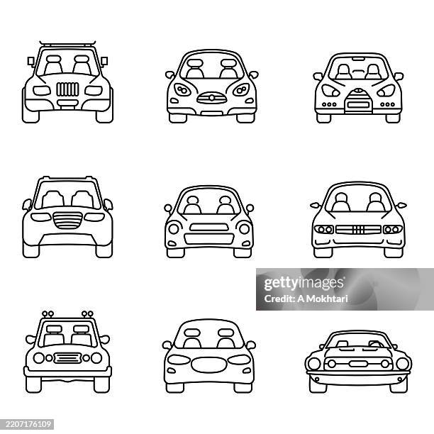car icons, front view of various car models. - convertible front view stock illustrations