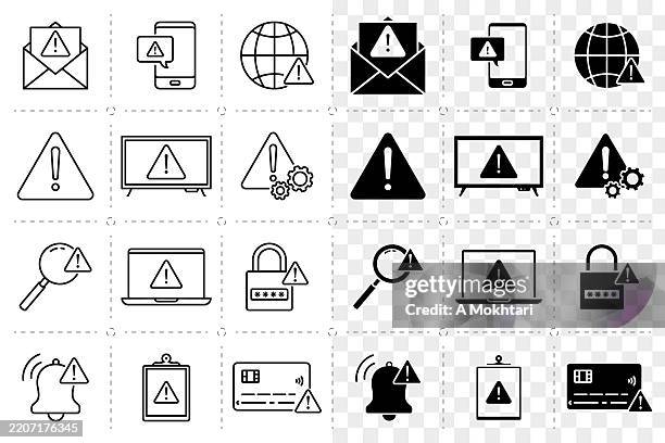 warning triangle icons, outline and solid, complete pack. - billing error vector stock illustrations