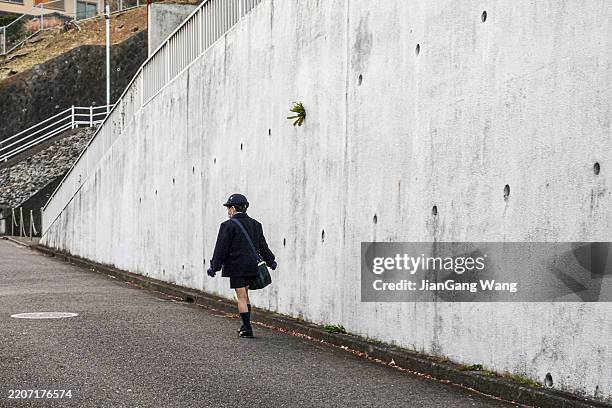 elementary school boy walking home alone after school - retaining wall stock pictures, royalty-free photos & images
