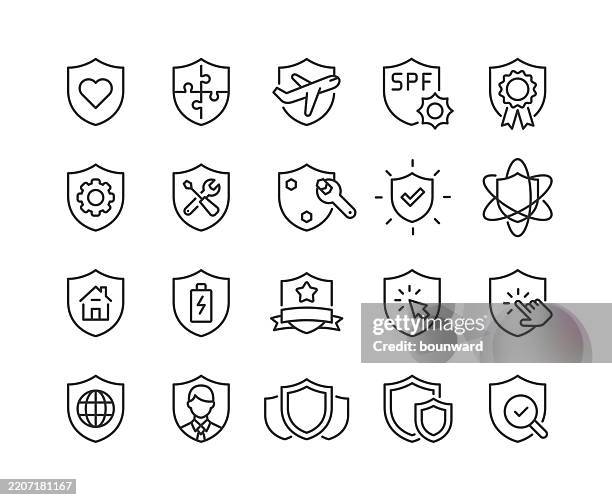 shield line icons. pixel perfect. editable stroke. - legal defense stock illustrations